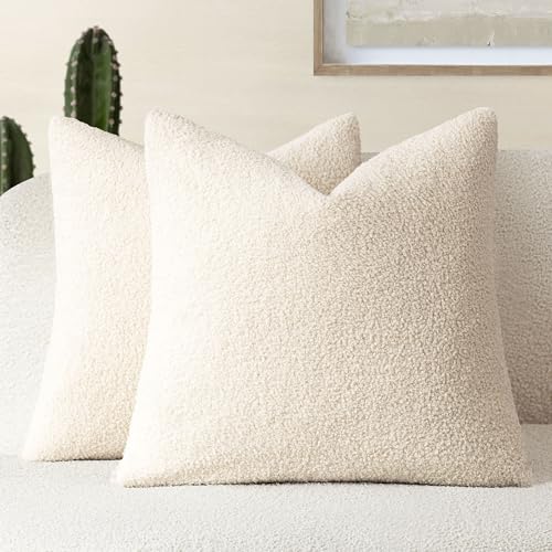 Foindtower Pack of 2, Curly Faux Fur Decorative Throw Pillow Covers Soft Fuzzy Plush Cushion Case with Zipper Cozy Pillowcase for Home Living Room Couch Bed Sofa 16 x 16 Inch,Light Ivory - color: Light Ivory, size: 16" x 16" (Pack of 2)