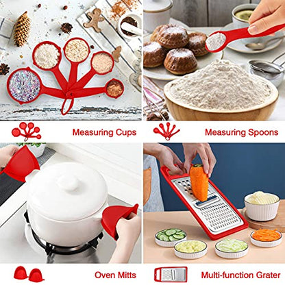 LIANYU 27 PCS Kitchen Utensils Set with Holder, Silicone Cooking Utensils Spatula Set with Stainless Steel Handle, Kitchen Cooking Gadgets Tools for Nonstick Cookware Set, Heat Resistant, Red - color: Red