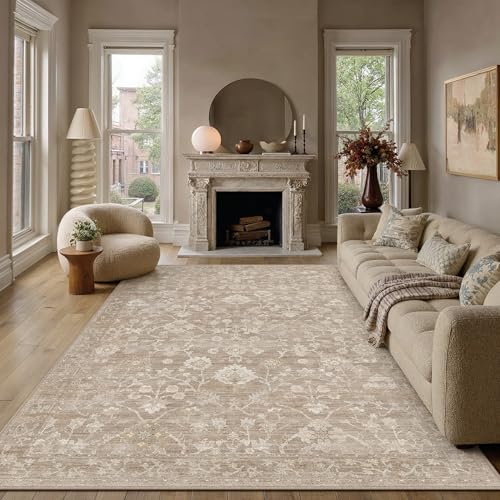 9x12 Beige Neutral Area Rugs Washable Rug Carpet | Living Room Rug, Vintage Rug, Bedroom, Dining Room, Office, Farmhouse, Non Slip, Low Pile, Soft, Distressed - color: Beige, size: 9' x 12' (Rectangular)