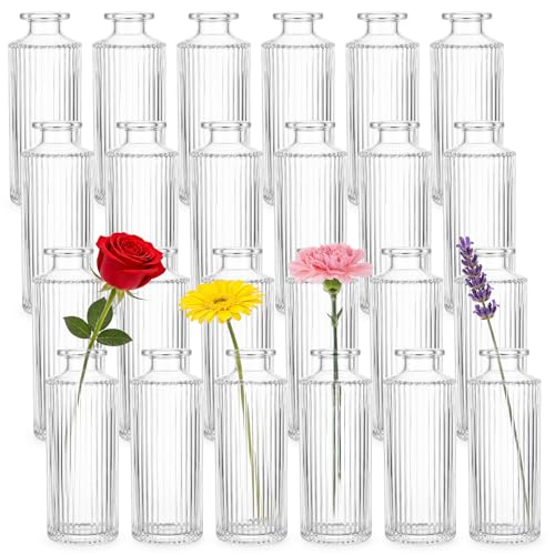 Nicunom 24 Pcs Glass Bud Vases Set, Small Vintage Ribbed Bud Vase in Bulk Decorative Vases Clear Mini Flower Vase for Centerpiece, Table Decorations, Wedding Reception, Home Decor, and Events