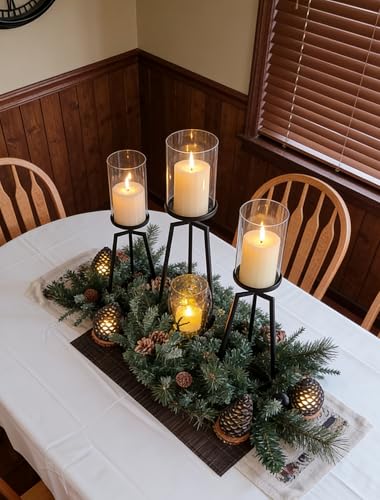 Sziqiqi Pillar Candle Holders Black: Set of 3 Metal Candleholder - Geometric Candle Stands with Hurricane Glass for Indoor Outdoor Dining Table Decor