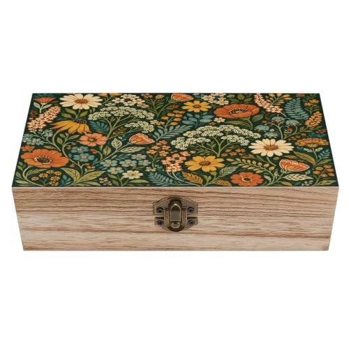 Floral With Wildflowers And Leaves Wooden Storage Box Decorative Keepsake Box with Metal Lock Vintage Organizer Container Jewelry Photo Letter Memory Box Rustic Home Desk Storage Gift Box - color: Floral With Wildflowers And Leaves