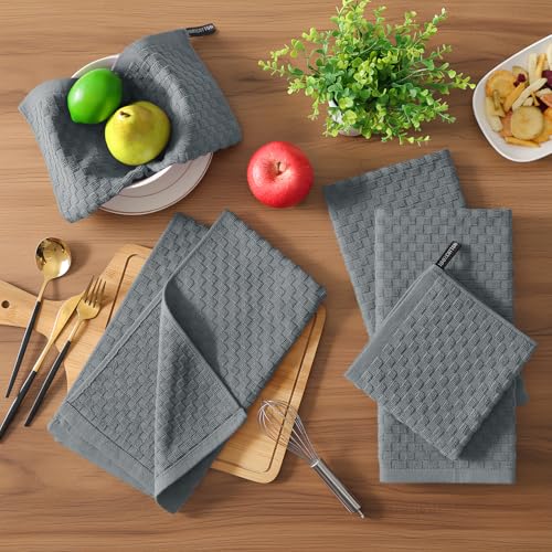 Homaxy 100% Cotton Terry Kitchen Towels(15" x 25", 6 Pack), Dark Grey | Soft and Super Absorbent Dish Towels, 380 GSM Reusable Tea Towel with Hanging Loop, Pineapple Grid Designed - color: Dark Grey, size: 15 x 25 - 6 Pack