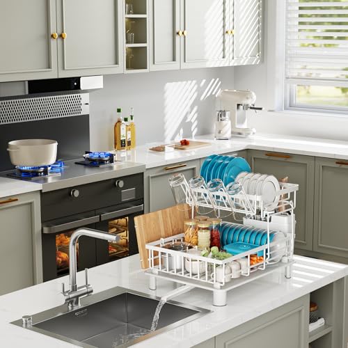 Large 2 Tier Detachable Dish Drying Rack for Kitchen Counter,White | Compact Dish Drainer, Rust-Resistant Dish Rack with Drainboard, Utensil Holder, Cup Holder for Small Space,Kitchen Organizer - color: 2 Tier-white