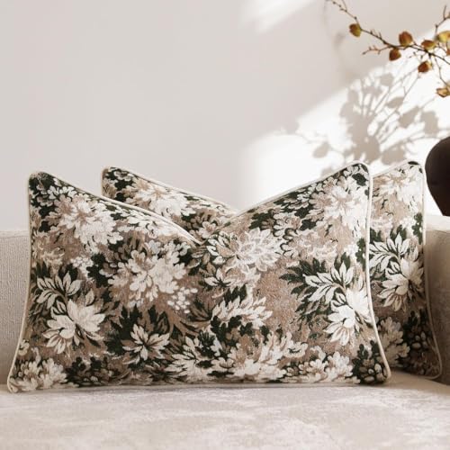 Pack of 2 Vintage Floral Pillow Covers 12x20 Boho Farmhouse Accents Chenille Rectangular Lumbar Decorative Throw Pillow Cases for Living Room Couch Bed Home Decor, Green and Taupe - color: Green and Taupe, size: 20" x 12" (Pack of 2)