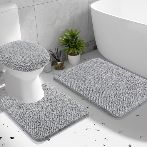 OLANLY Bathroom Rugs Sets 3 piece, Soft Absorbent Chenille Bath Mat, U-Shaped Contour Toilet Mat and Toilet Lid Cover, Quick Dry, Machine Washable, Toilet Cover and Rug Set for Bathroom, Light Grey - color: Light Grey, size: 30" X 20" + U24" X 20" + 17.5"