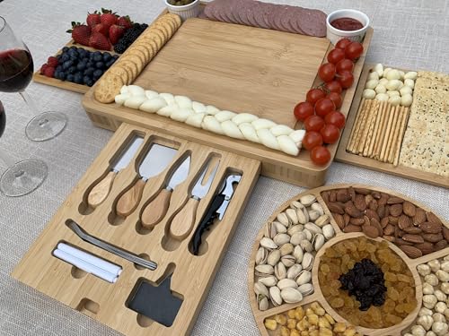 Custom Charcuterie Boards Gift Set – Large Bamboo Cheese Tray with Drawers & Utensils – Personalized Wedding, Christmas & Thanksgiving Gift - color: Design #48