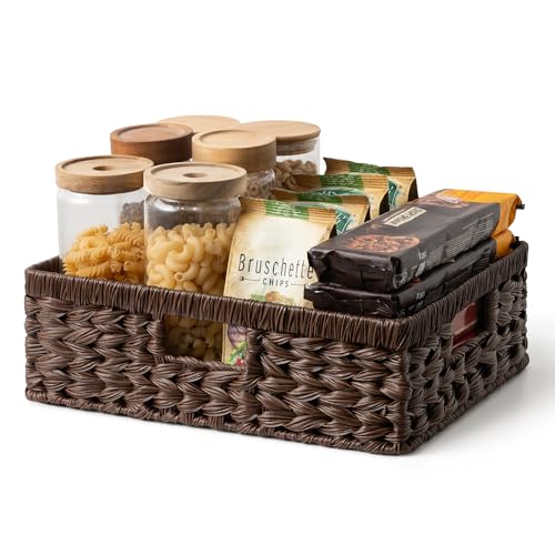 GRANNY SAYS Wicker Storage Baskets for Shelves, Brown Pantry Basket, 1-Pack | Waterproof Wicker Baskets for Organizing, Plastic Pantry Baskets for Organizing, Decorative Basket, Woven Baskets for Storage - color: Brown, size: 15¼"L x 11¾"W x 4¾"H