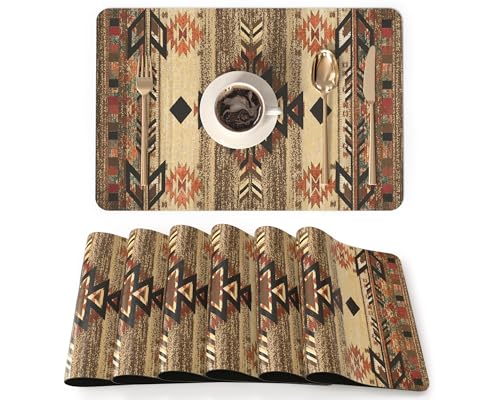 QIYI PU Leather Placemats Set of 6, 12"x18" Waterproof Table Mats, Folk Geo | Faux Leather, Heat Resistant, Anti Slip, Wipeable Place Mats for Kitchen Dinning, Party Table Décor, Geometric Motifs - color: Geometric Motifs, size: Set of 6