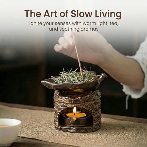Ceramic Aromatherapy Stove Essential Oil Burner, Woodland Zen Herb Burner, Wax Melt Warmer Tea Light Candle Holder, Handmade Retro Teapot Warmer for Home Office Fragrance & Meditation Decor