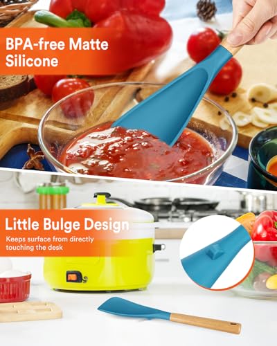 Multifunction Spoon for Nonstick Cookwares, Great for Cooking and Serving, Sturdy BPA-Free Matte Silicone, Wood Handle spoonula for Mixing, Scoop, and Scrape, Turquoise(2 pack,11.4" & 13.4") - color: TURQ