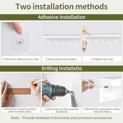 MKO Key Holder Wall Mount, Adhesive Key Hanger with 6 Hooks for Wall, White | Metal Material, Key Rack with Shelf, Wall Mount, Mail Organizer Tray, Suitable for Entryway, Hallway, Living Room - color: White 1pcs