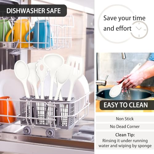 P&P CHEF White Kitchen Utensils, Silicone Cooking Utensil Set of 7 | Soft Spatula for Nonstick Cookware, Slotted Turner, Soup Ladle, Pasta Server, Spoon for Cooking, Dishwasher Safe & Heat Proof - color: White