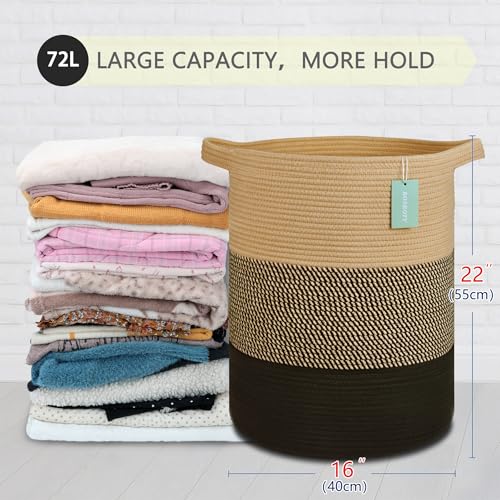 Cotton Rope Blanket Basket, 72L Tall Laundry Hamper, Brown & Black | 16"x 22", Large Collapsible Woven Nursery Hamper with Sturdy Handles for Clothes Toys Towels, Bedroom Living Room Bathroom - color: Brown & Black, size: 72L (16"x22")