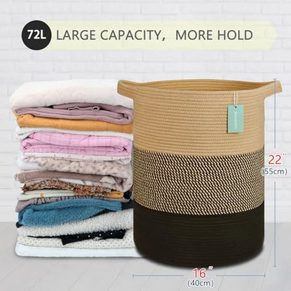 Cotton Rope Blanket Basket, 72L Tall Laundry Hamper, Brown & Black | 16"x 22", Large Collapsible Woven Nursery Hamper with Sturdy Handles for Clothes Toys Towels, Bedroom Living Room Bathroom - color: Brown & Black, size: 72L (16"x22")