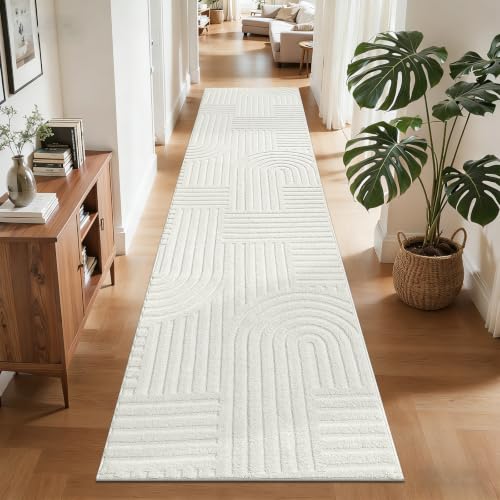 SHACOS Soft Cozy Fluffy Arch Pattern High Low Pile Runner Rugs 2'x8' Non Slip Washable Scandi Minimalist Area Rug Runner Modern Carpet for Living Room Bedroom Bathroom Hallway Kitchen, Cream White - color: Cream White, size: 2'x8'