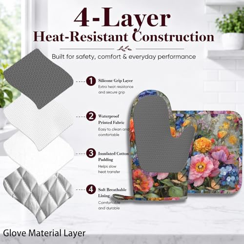 Wild Blooming Flowers Oven Mitts and Pot Holders Sets Butterflies Silicone Kitchen Mitts Potholders Heat Resistant Oven Gloves Hot Pads for Kitchen Baking Cooking BBQ - color: Wild Blooming Flowers