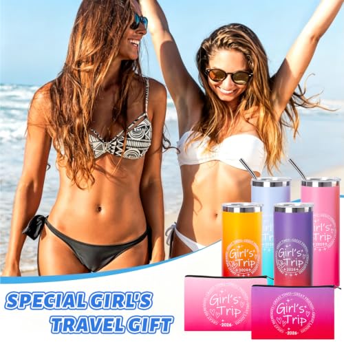 4 Pack 2026 Girls Trip Tumbler Gift Set | 20oz Insulated Stainless Steel Tumbler, Splash-proof Lid, Cosmetic Bags & Keychains, Girls Weekend Party Favors - color: Style 2