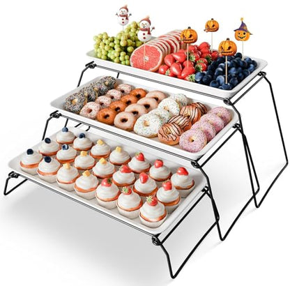 Bumusty Large 3-Tier Melamine Serving Tray Set, 17 x 8.7 in, Black Stand | Melamine Reusable Platters with Metal Display Stand for Cupcakes, Desserts, Fruit, Cookies, Parties, Birthdays and Holidays - color: Black, size: 17" x 8.7"