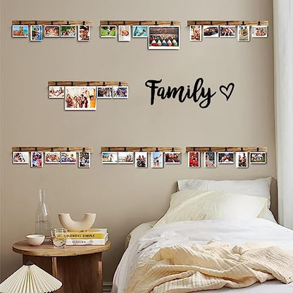 6 Wooden Wall Hanging Photo Frames With 27 Clips, Decorative Collage Picture Frame, No Drilling Required, Adhesive Stickers, Easy to Install, Carbonized Brown - color: Brown