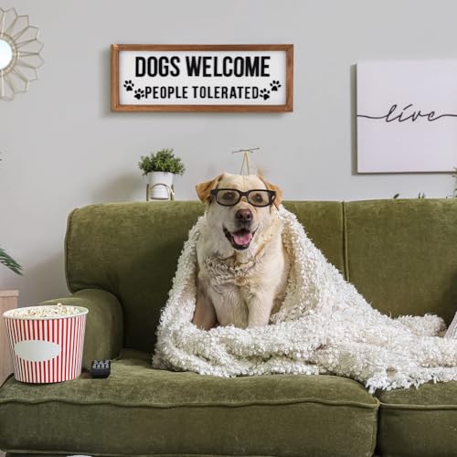 Ripeng 3D Dogs Welcome People Tolerated Sign Wooden Entryway Hallway Decor, Funny Dog Lovers Gift, Above Door Modern Boho Plaque Farmhouse Wall Art for Family Living Room Bedroom, 15.7" x 5.9" - style: Dogs Welcome People Tolerated