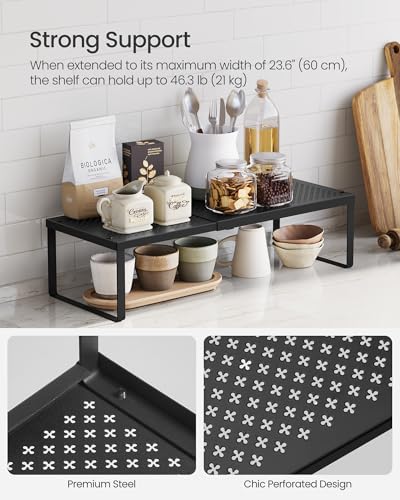 SONGMICS Spice Rack Expandable Kitchen Countertop Shelf, Metal | Small cupboard organizer, space-saving tabletop shelf, Matte Black, UKCS007B01 - color: Matte Black, size: Set of 1