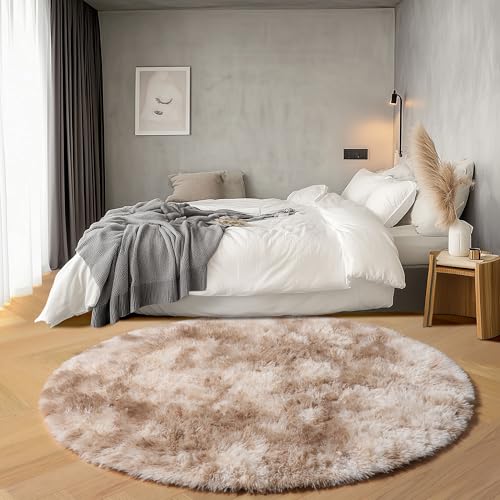 Tie-Dye Beige Round Area Rugs 5ft, Soft Bedroom Circle Rug Floor Mats for Kids Girls Teen Room, Kawaii Fluffy Plush Shaggy Carpet for Baby Nursery Living Room Playroom Home Decor - color: Tie-dyed Light Beige, size: 5' (Round)