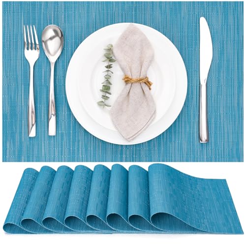 Myir JUN Placemats Set of 8 Kitchen and Dining Table Placemats | Vinyl Placemats Place Mats Indoor/Outdoor Set of 8 Washable Table Mats Non-Slip Place mats for Dining Table, Blue - color: Blue, size: Set of 8