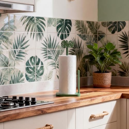 Leinuosen Monstera Leaves Paper Towel Holder Tropical Monstera Wooden Paper Towel Holder Green Ocean Tropical Bathroom Accessories Kitchen Roll Stand Organizer Standing Apartment Housewarming Gift - style: Green Monstera Leaves