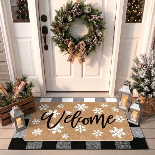 Tinideya 2 Pcs Winter Snowflake Doormats Christmas Layered Welcome Outdoor Door Mats with Buffalo Plaid Front Door Rug Non Slip Floor Mats for Porch Entryway Xmas Holiday Seasonal Decor - size: 16 x 28 Inch,24 x 35 Inch, style: Snowflake