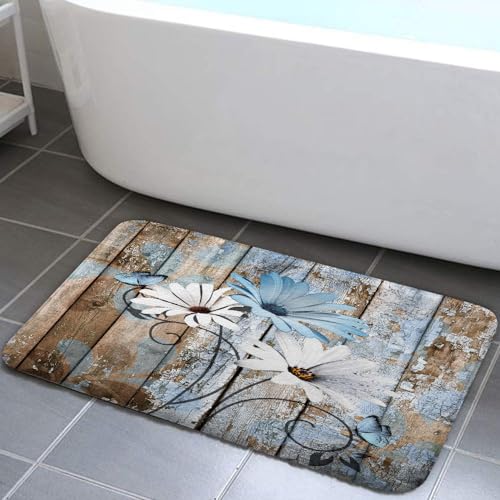 Farmhouse Floral Flower Bath Mat, Daisy Rustic Wooden Plank Country Barn Wood Blue Flower Non-Slip Flannel Soft Doormat Floor Entryways Outdoor Indoor Front Door Mat, (16X24) - color: Blue-01, size: 1'4" x 2' (Rectangular)