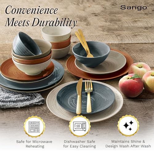 Sango Siterra Painter's Palette 16-Piece Stoneware Dinnerware Set - Service for 4, Ceramic Plates and Bowls Sets, Chip Resistant, Rustic Dishware, Microwave & Dishwasher Safe Kitchen Dishes - color: Rustic Mix, size: 16-Piece Set