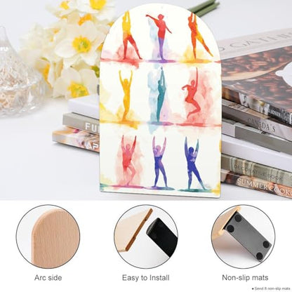 Book Ends for Shelves Heavy Duty Non-Slip Wooden Bookends with Metal Base Modern Decorative Wooden Book Holders Gymnastics Game Book Stopper for Home Office And Library,Books Shelf Holder Organizer Ac