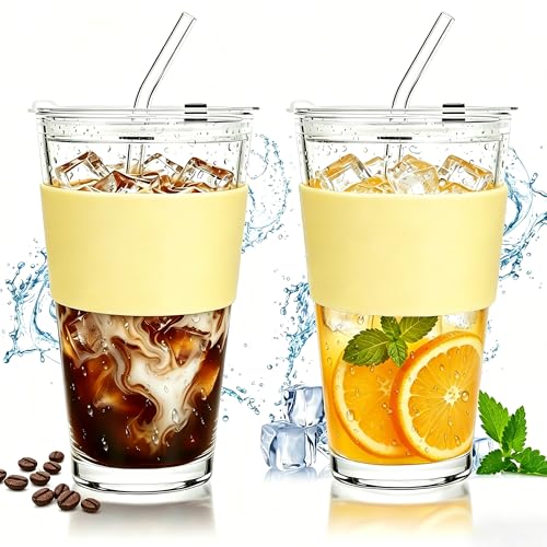 Birity 16oz Glass Cup with Lid and Glass Straw,Set of 2 Thickened Glass Coffee Tumblers with Silicone Sleeve,Reusable Iced Coffee Cups for Smoothie、Soda Water、Juice、MilkSshake、Travel Cup - color: 16 oz 2 pack