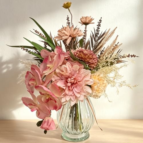 Fake Flowers with Vase, Artificial Phalaenopsis Orchid Silk Pink Flowers in Vase Faux Flower Cascading Orchid Arrangement Suitable for Home Office Decoration, Table Centerpiece (Pink) - color: Pink