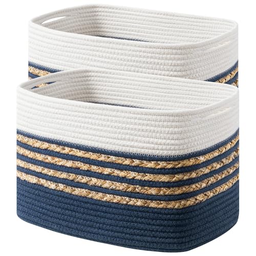 UBBCARE 2 Pack Baskets for Organizing, Woven Storage Baskets for Toys and Towel, Rectangle Cotton Rope Basket with Handles, 14''L x 8''W x9''H, Navy Blue - color: Navy Blue, size: 2 Pack - 14 X 8 X 9 Inches