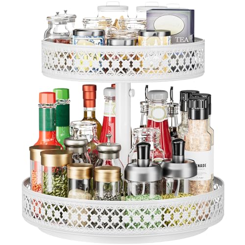 2 Tier Lazy Susan Organizer - Adjustable Rotating Spice Rack 12 inch | Floral Turntable Lazy Susan for Cabinet Pantry Kitchen Countertop Table Top Cupboard Bathroom Vanity Storage Metal White - color: 2 Tier White