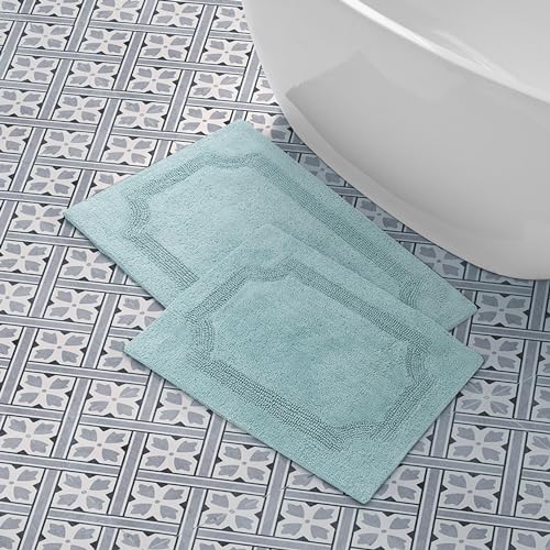 Laura Ashley - Reversible Cotton Bath Mat, Premium Bathroom Décor, Machine Washable Bathroom Rug, Highly Absorbent, 17"x24"/20"x32" 2-Piece Set, Aqua - color: Aqua, size: 1'8" x 2'8" (Rectangular)
