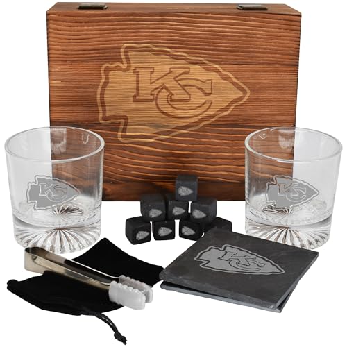 The Memory Company Licensed NFL Wood Boxed Drinkware Gift Set - Includes 2 Premium Rock Glasses, Cooling Cubes, Tongs, and Coasters, Kansas City Chiefs - color: Kansas City Chiefs