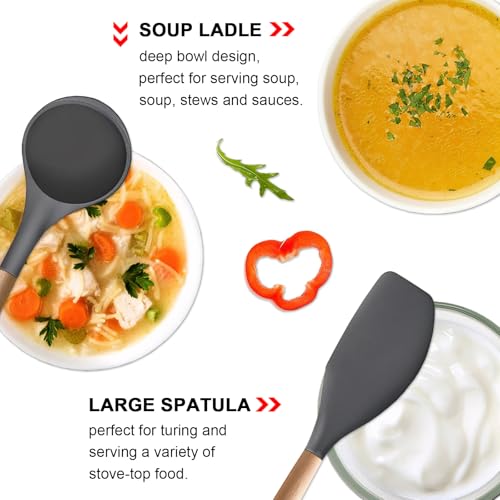 Silicone Cooking Utensils Set 5-Piece Non-Stick Kitchen Utensil Set, Wood Handle Heat Resistant Spatula Spoon Turner Soup Ladle Silicone Cooking Kitchen Gadgets BPA Free for Nonstick Cookware - color: Gray, size: Standard 5-Piece Set