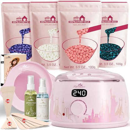 Lifestance Waxing Kit for Women & Men - L3 Blush Metropolis Digital Warmer, Silicone Wax Pot Liner, Hair Removal with 14.1oz Hard Wax Beads & Oil Spray, Professional for Home Brazilian Bikini Face Leg - color: Chic Enhanced LCD (Blush Metropolis) Kit