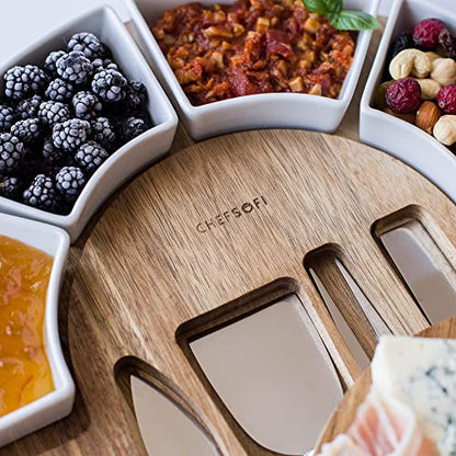 ChefSofi Charcuterie Board Set and Cheese Serving Platter - Made from Acacia Wood - US Patented 13 inch Cheese Board and Knife Set for Entertaining and Serving - 4 Knives and 4 Bowls - size: 13 inch
