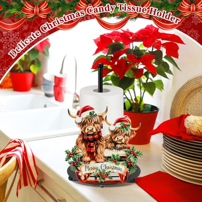 Christmas Highland Cow Paper Towel Holder with Round Base | Rustic Bathroom Countertop Decor, Festive Dispenser for Toilet Home Accessories, Holiday Organizer with Stable Base Design - style: Christmas Highland Cow