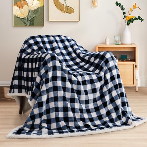 BEAUTEX Christmas Sherpa Fleece Throw Blanket Soft Warm Buffalo Plaid | Plush Blanket & Throw, Winter Cozy Fuzzy for Couch, Sofa, Bed (Navy, 50" x 60") - color: Navyblue, size: Throw-50"x60"