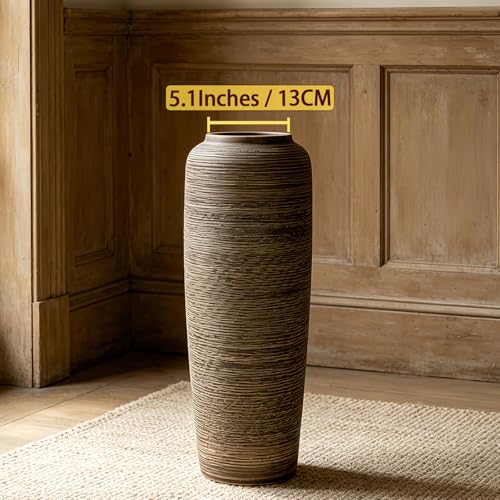 Brown Rustic Ceramic Floor Vase, 19.7 Inch, Ribbed Texture | Living Room, Entryway, Fireplace, Pampas Grass, Dried Branches - size: 19.7 Inch