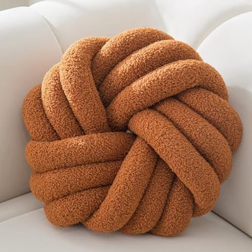 XIAIJIA Knot Pillow, Round Throw Pillows for Sofa & Bedroom, Brown,14 Inch | Soft Plush PP Cotton Filled Handmade Knotted Round Cushion, Decorative Pillows Decor for Sofa, Couch & Bed - color: Brown