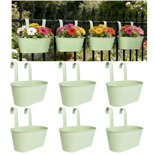 6 Pack 10" Balcony Hanging Metal Fence Planters Flower Pots, Mint Green | Removable hook, Drainage hole, Rustproof, For flowers / herbs / succulents, veggies, For railings / fences / balconies - color: Mint Green