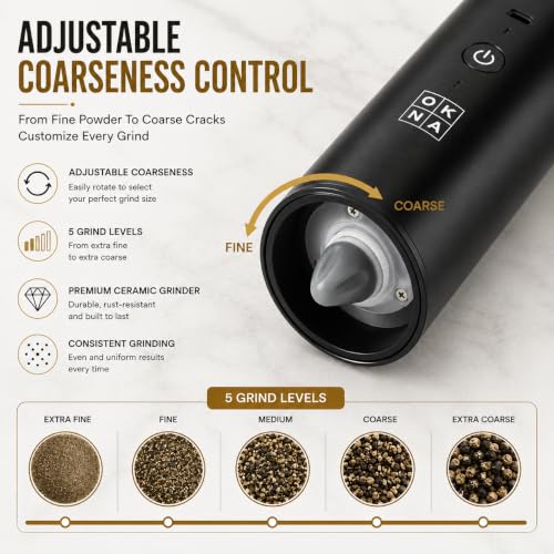 Automatic Electric Gravity Salt and Pepper Grinder Set, Rechargeable, One-Hand Operation, Dual USB-C Charging Cable, Adjustable Ceramic Burr, LED Light, 3.4 Oz - color: Black