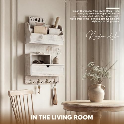 Rebee Vision Pine Wood Key Holder Wall Mount with Shelf & Drawer, Whitewash | Farmhouse Mail and Key Organizer, 4 Key Hooks, Stores Letters and Small Items, Adds Retro Charm, Apartment Entryways - color: Whitewash