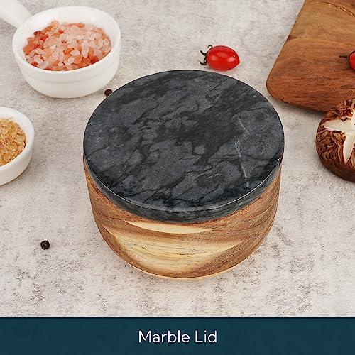 KITCHENDAO Large Acacia Salt Cellar Box Bowl with Built-in Spoon and Marble Lid, Solid Natural Acacia Wood Bath Sea Salt Container, Black Marble Lid, Pepper Sealer Pinch Bowl, 10oz Capacity - color: Black